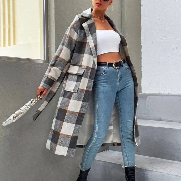 button down belted overcoat jacket fall plaid print - Picture 6 of 6